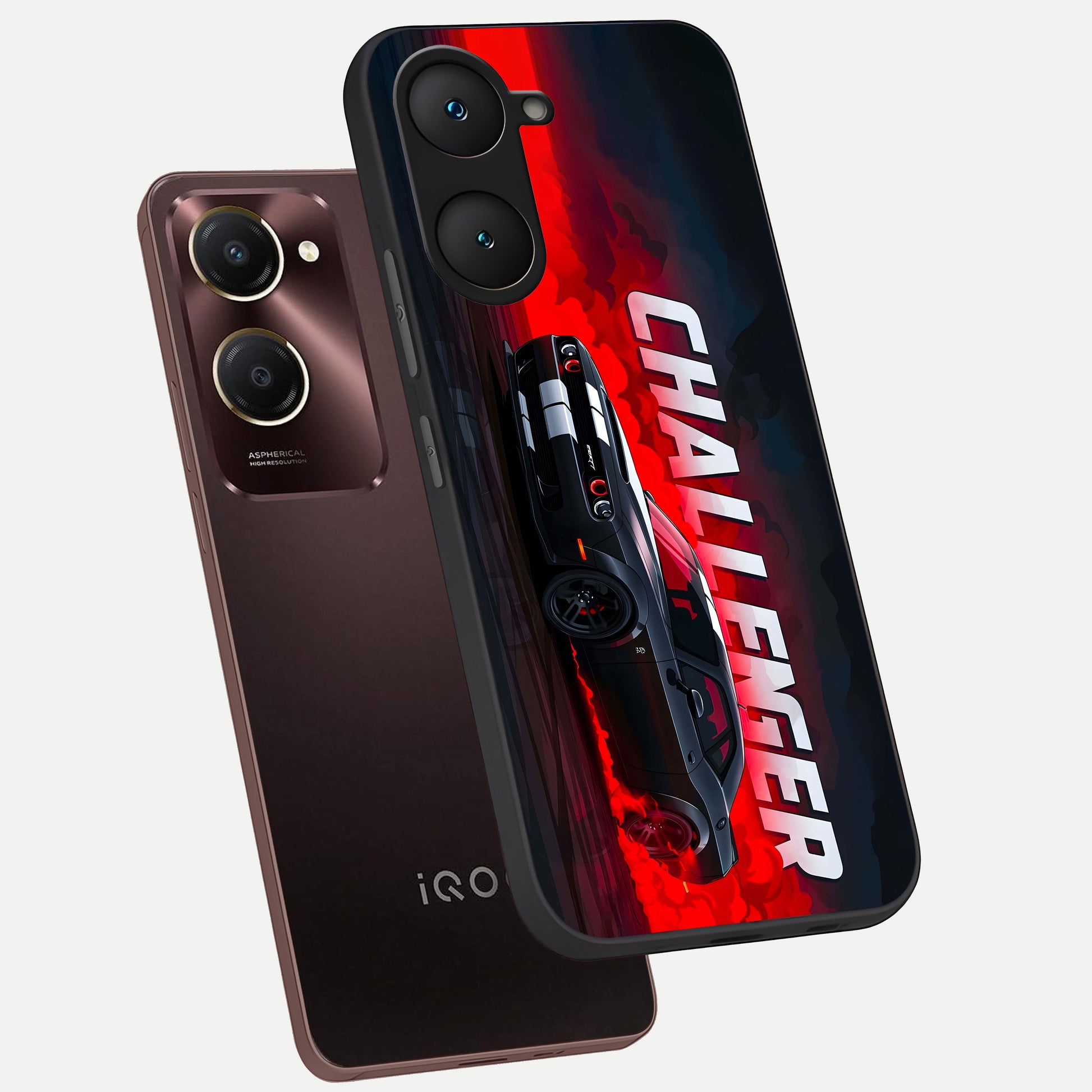  Crimson Challenger Fury phone case for iQOO Z9 lite showing premium glass back cover with detailed artwork