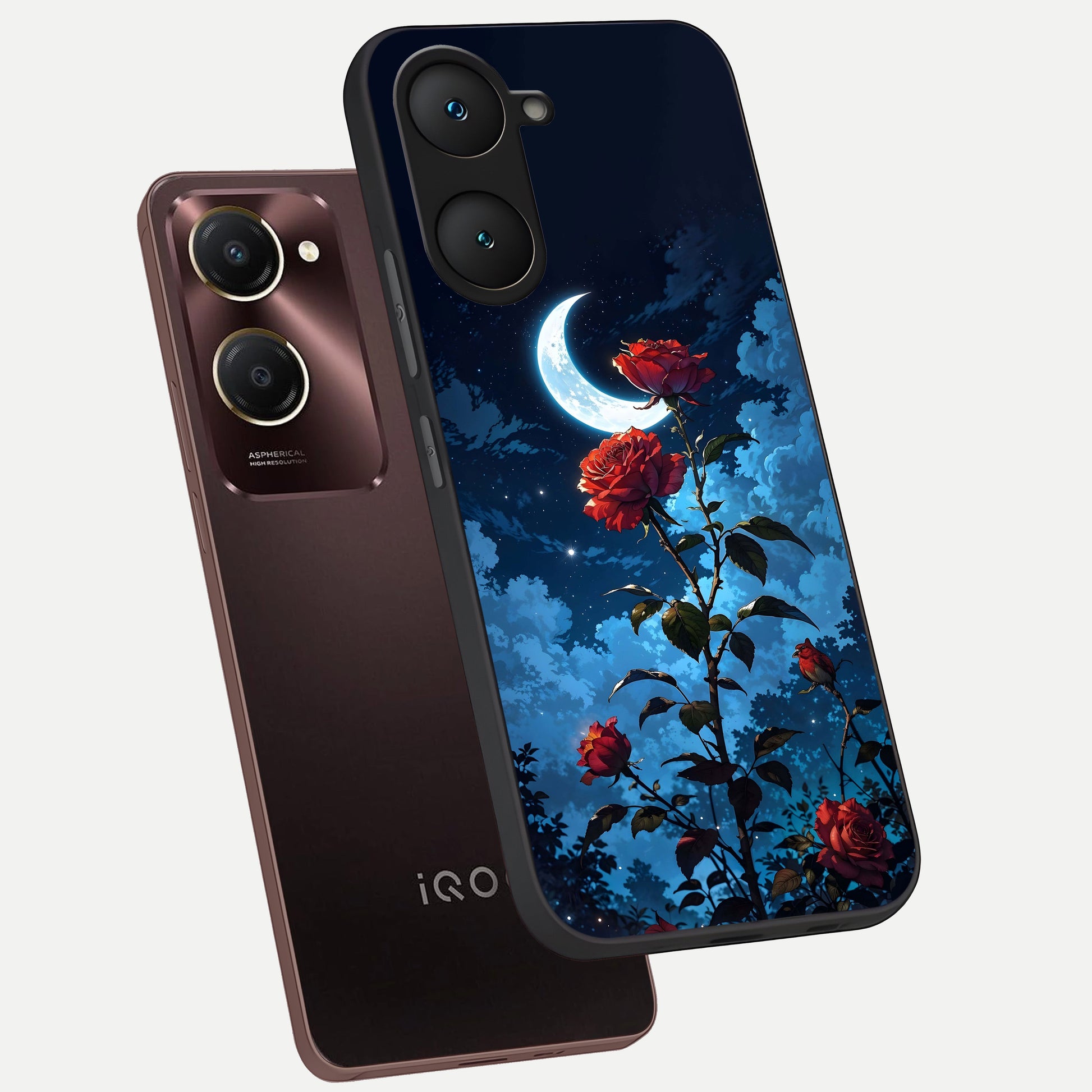 Crimson Rose Moon phone case for iQOO Z9 lite showing premium glass back cover with detailed artwork