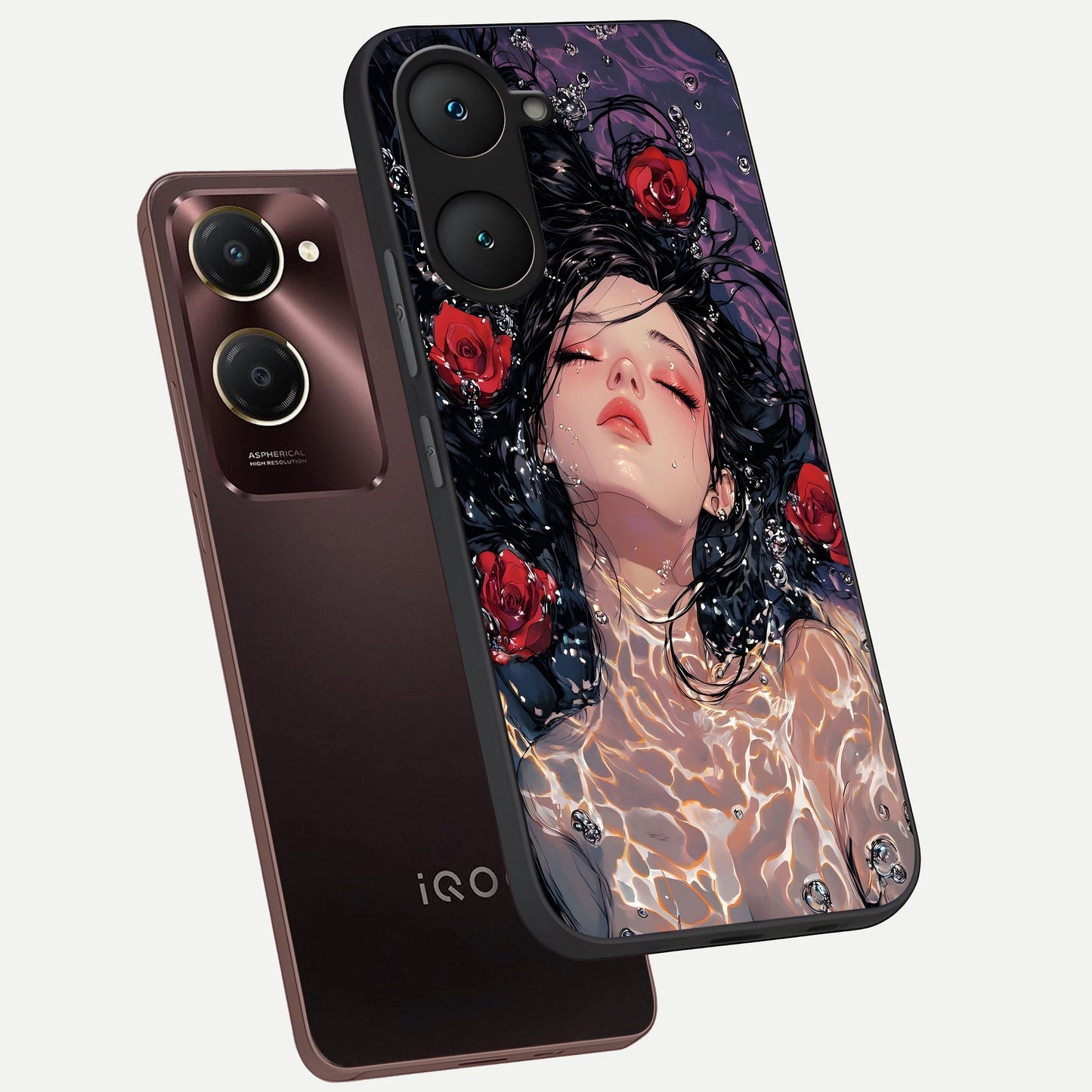  Crimson Rose Serenity phone case for iQOO Z9 lite showing premium glass back cover with detailed artwork