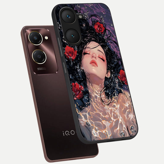  Crimson Rose Serenity phone case for iQOO Z9 lite showing premium glass back cover with detailed artwork