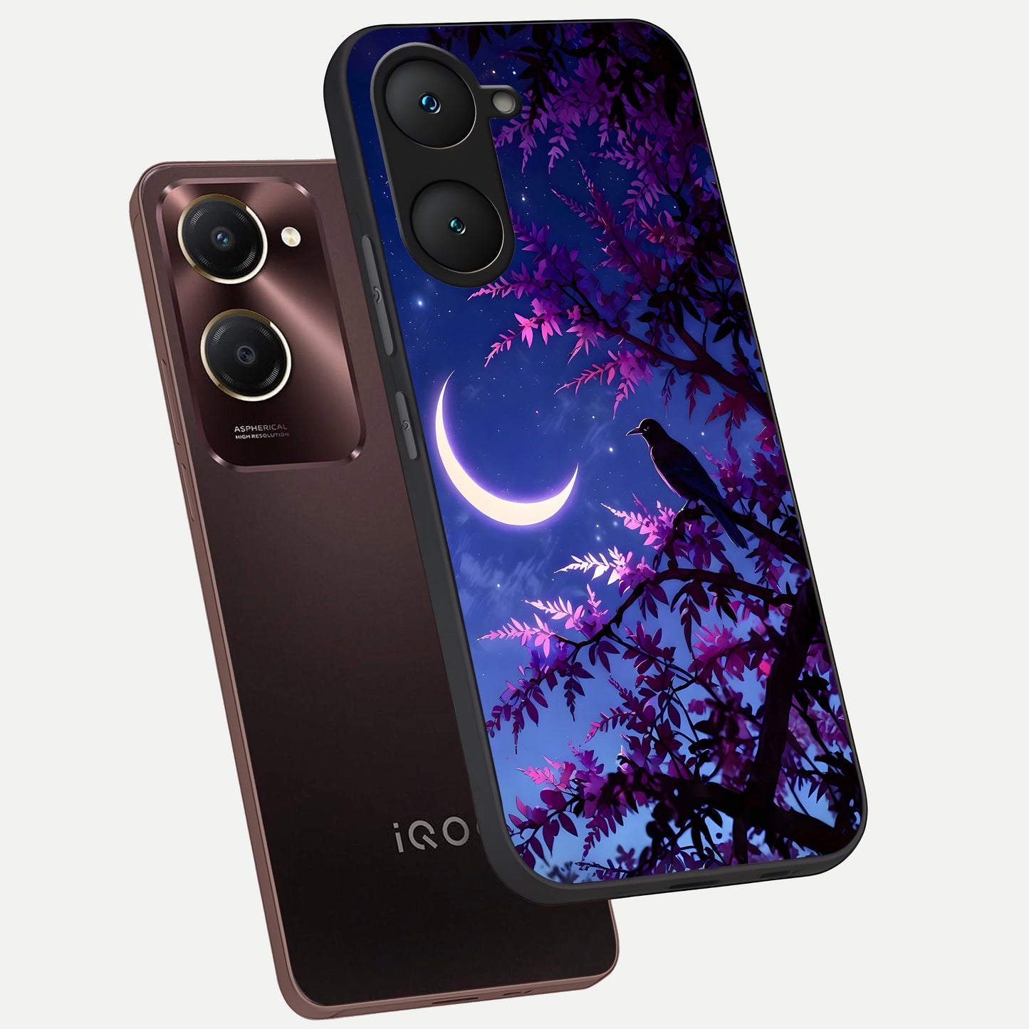  Crow And Moon Scenery phone case for iQOO Z9 lite showing premium glass back cover with detailed artwork
