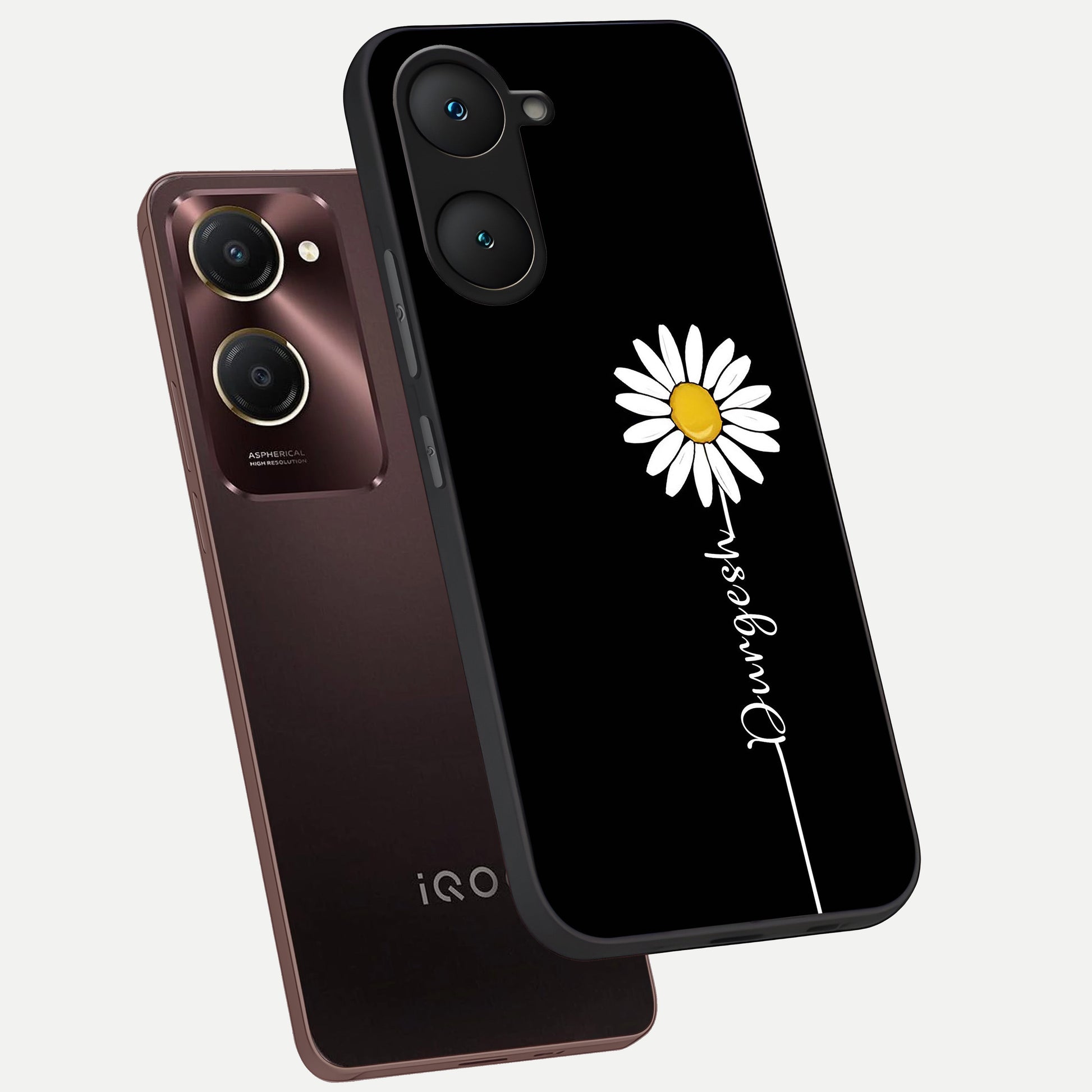  Custom Name White Flower phone case for iQOO Z9 lite showing premium glass back cover with detailed artwork
