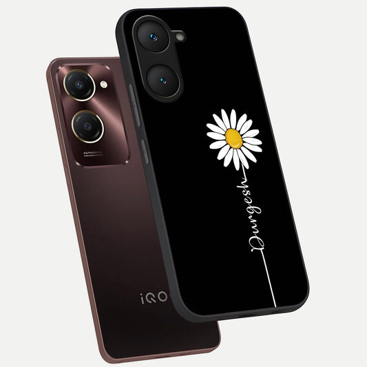  Custom Name White Flower phone case for iQOO Z9 lite showing premium glass back cover with detailed artwork