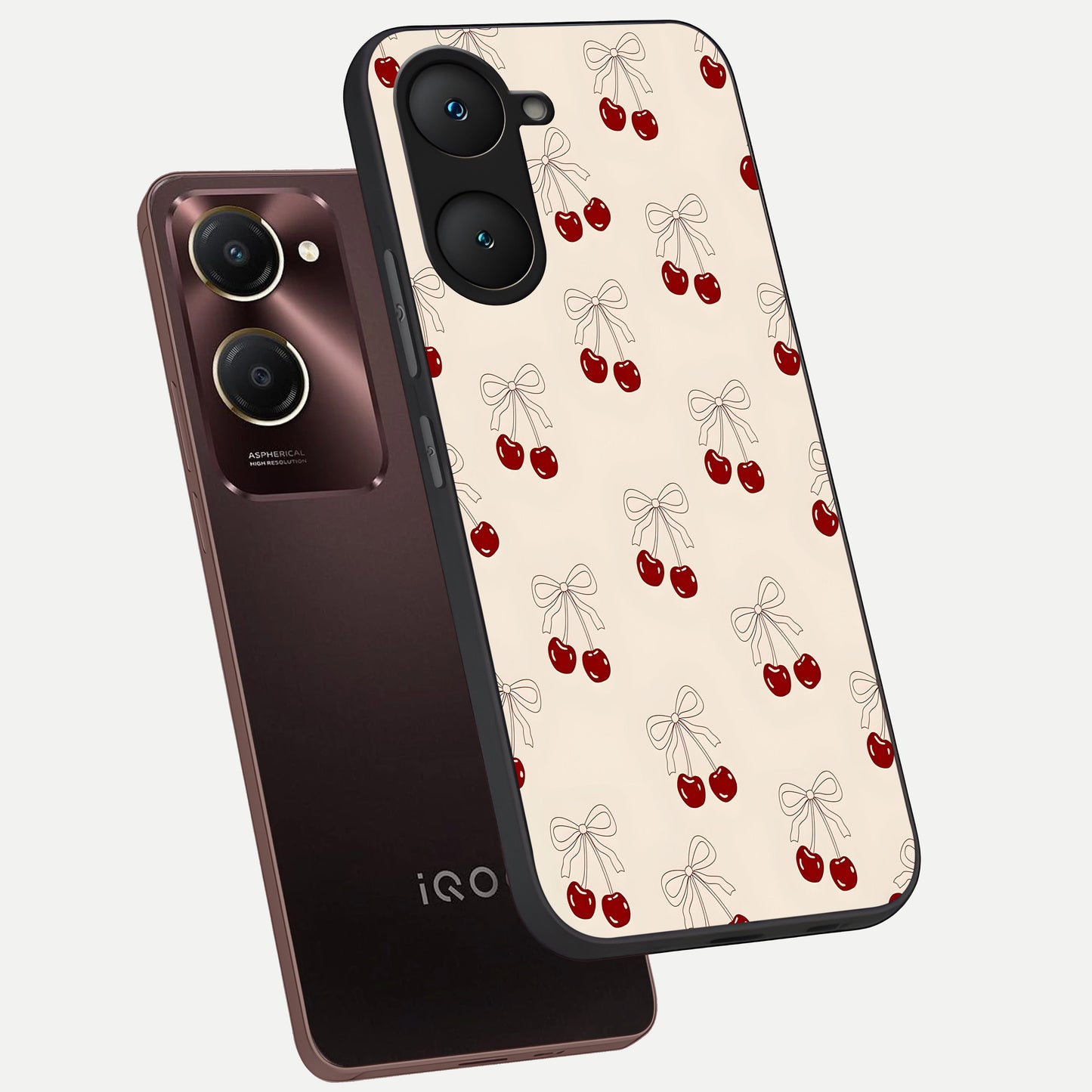  Cute Cherry Pattern phone case for iQOO Z9 lite showing premium glass back cover with detailed artwork