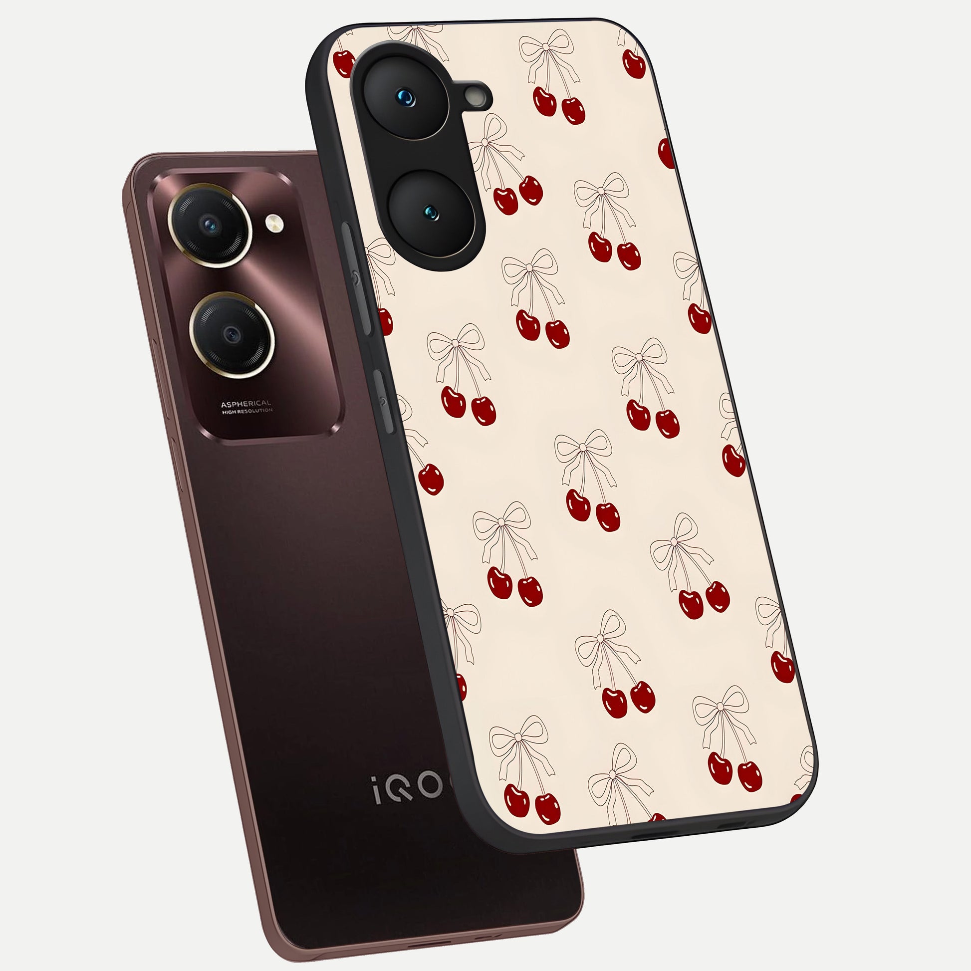  Cute Cherry Pattern phone case for iQOO Z9 lite showing premium glass back cover with detailed artwork