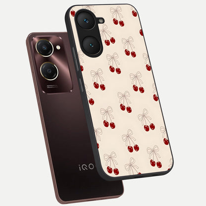  Cute Cherry Pattern phone case for iQOO Z9 lite showing premium glass back cover with detailed artwork