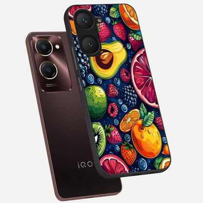  Cute Fruits Art phone case for iQOO Z9 lite showing premium glass back cover with detailed artwork
