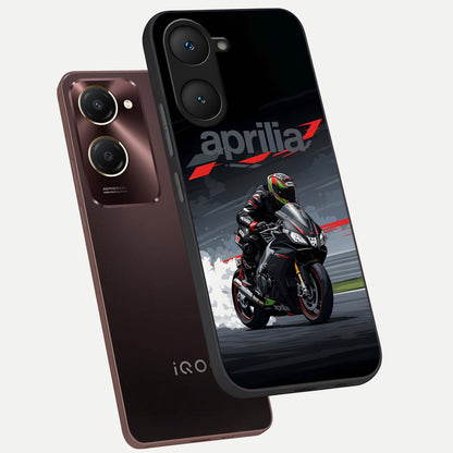 Dark Aprilla phone case for iQOO Z9 lite showing premium glass back cover with detailed artwork