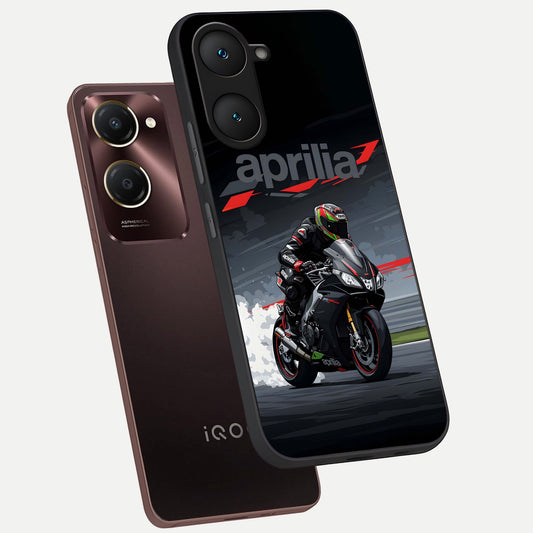  Dark Aprilla phone case for iQOO Z9 lite showing premium glass back cover with detailed artwork