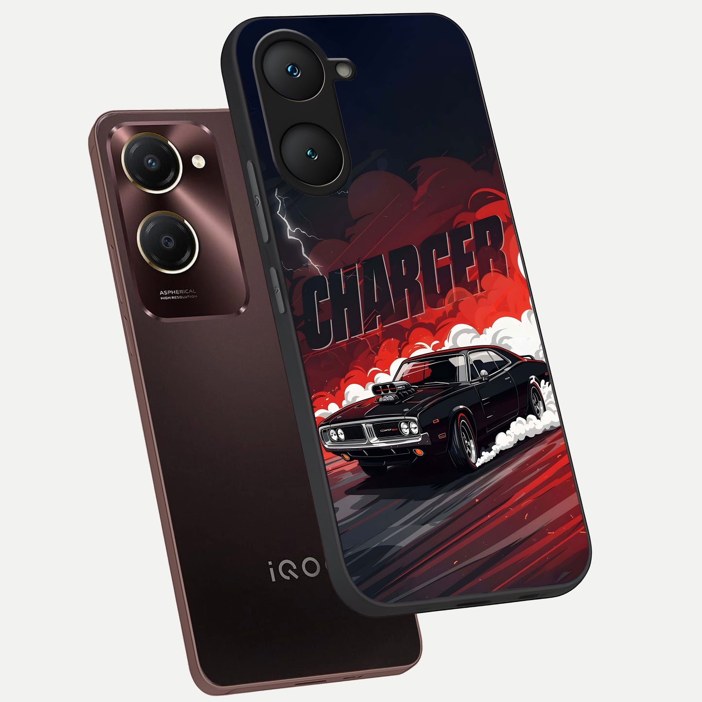  Dark Charger Fury phone case for iQOO Z9 lite showing premium glass back cover with detailed artwork