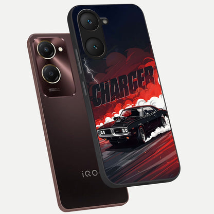  Dark Charger Fury phone case for iQOO Z9 lite showing premium glass back cover with detailed artwork