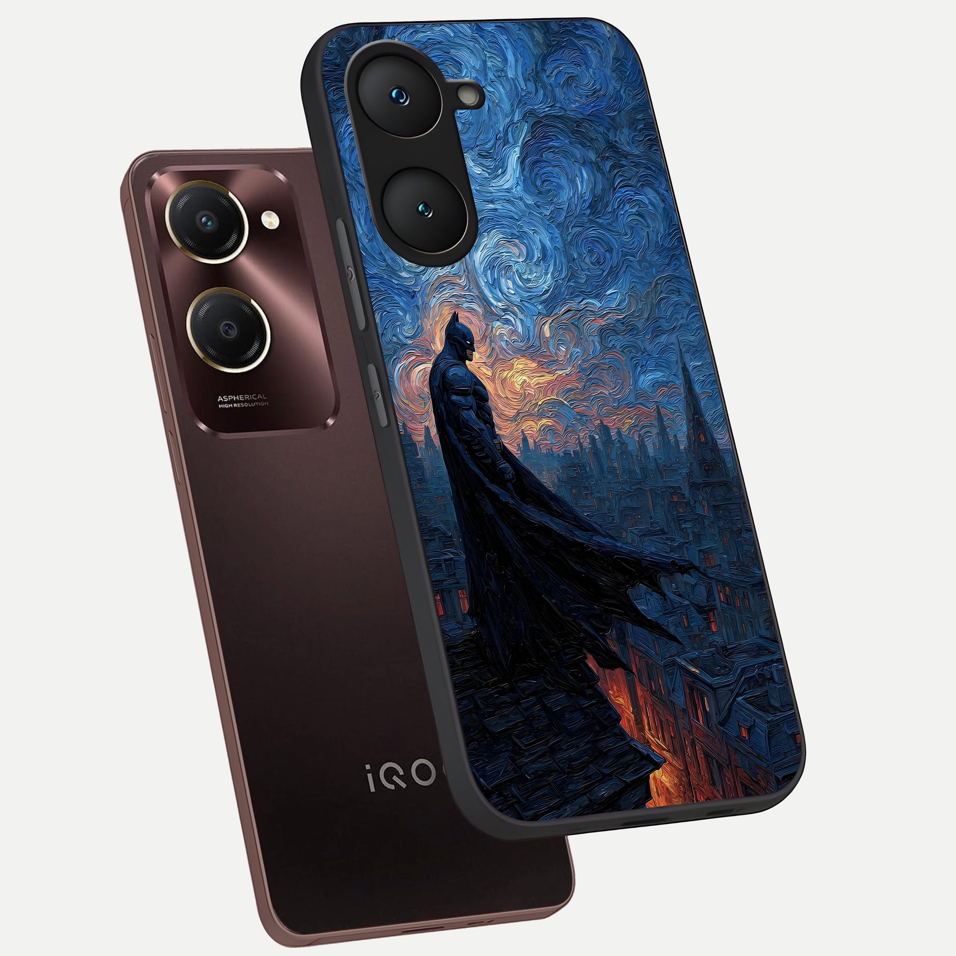  Dark Knight Dusk phone case for iQOO Z9 lite showing premium glass back cover with detailed artwork