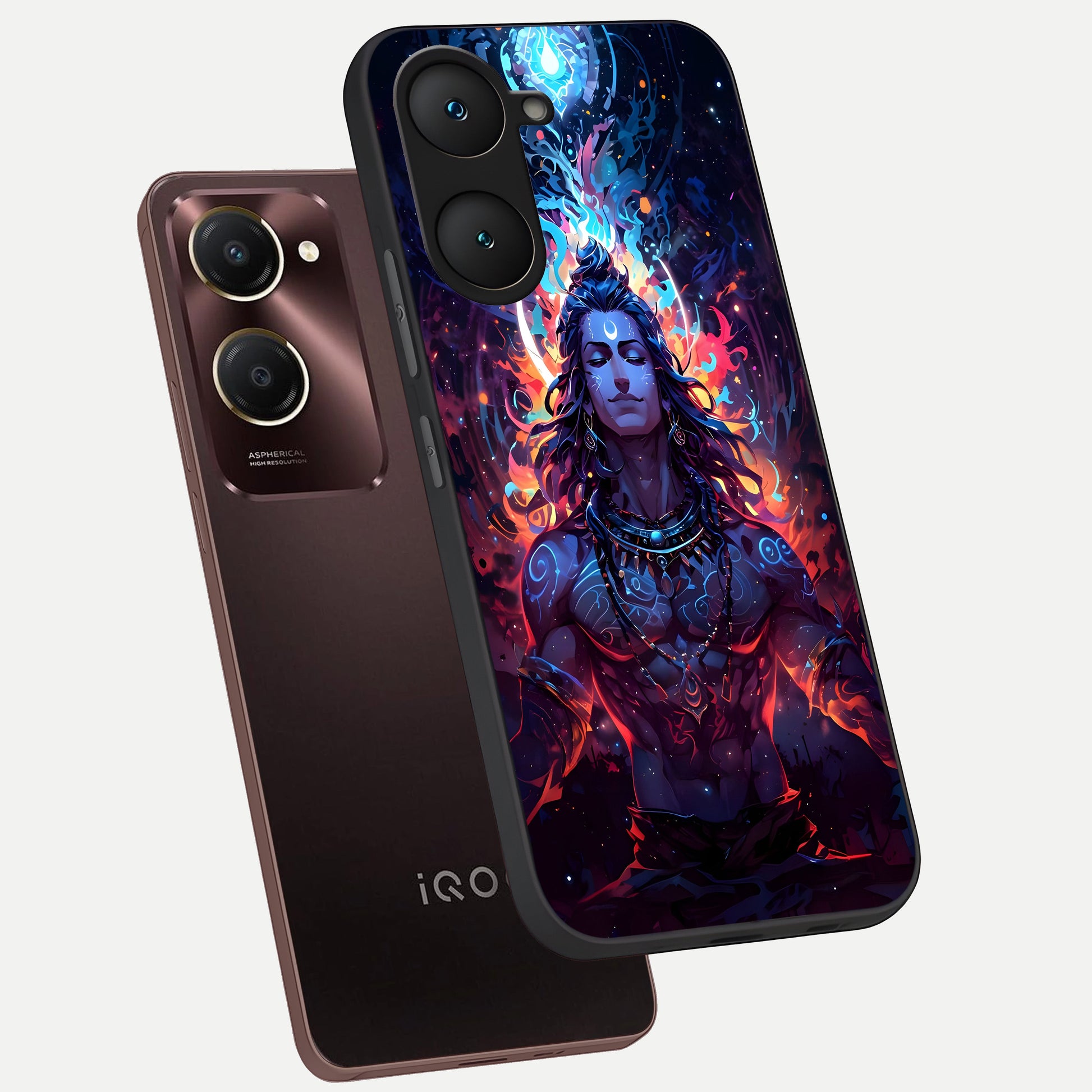  Divine Fire Shiv phone case for iQOO Z9 lite showing premium glass back cover with detailed artwork