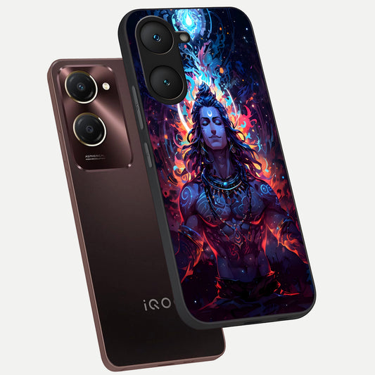  Divine Fire Shiv phone case for iQOO Z9 lite showing premium glass back cover with detailed artwork