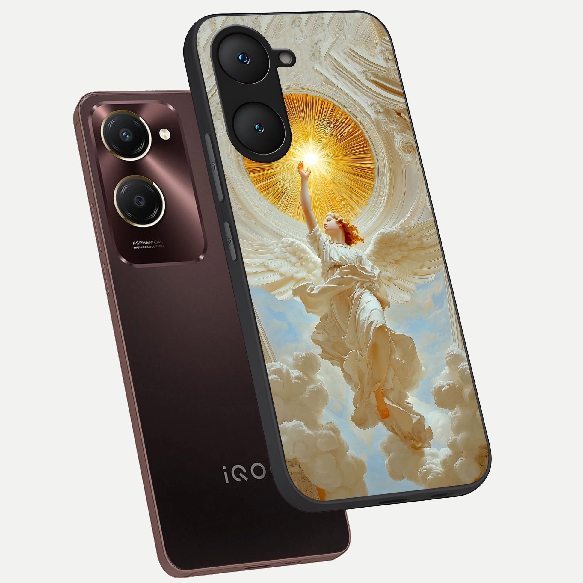  Divine Light Angel phone case for iQOO Z9 lite showing premium glass back cover with detailed artwork
