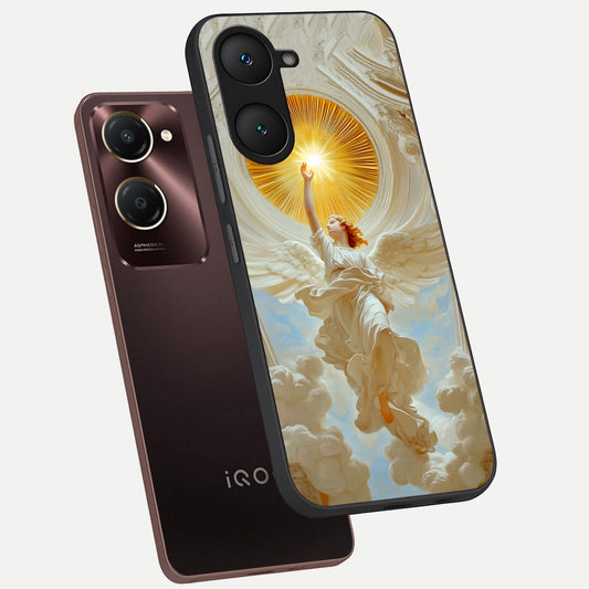  Divine Light Angel phone case for iQOO Z9 lite showing premium glass back cover with detailed artwork