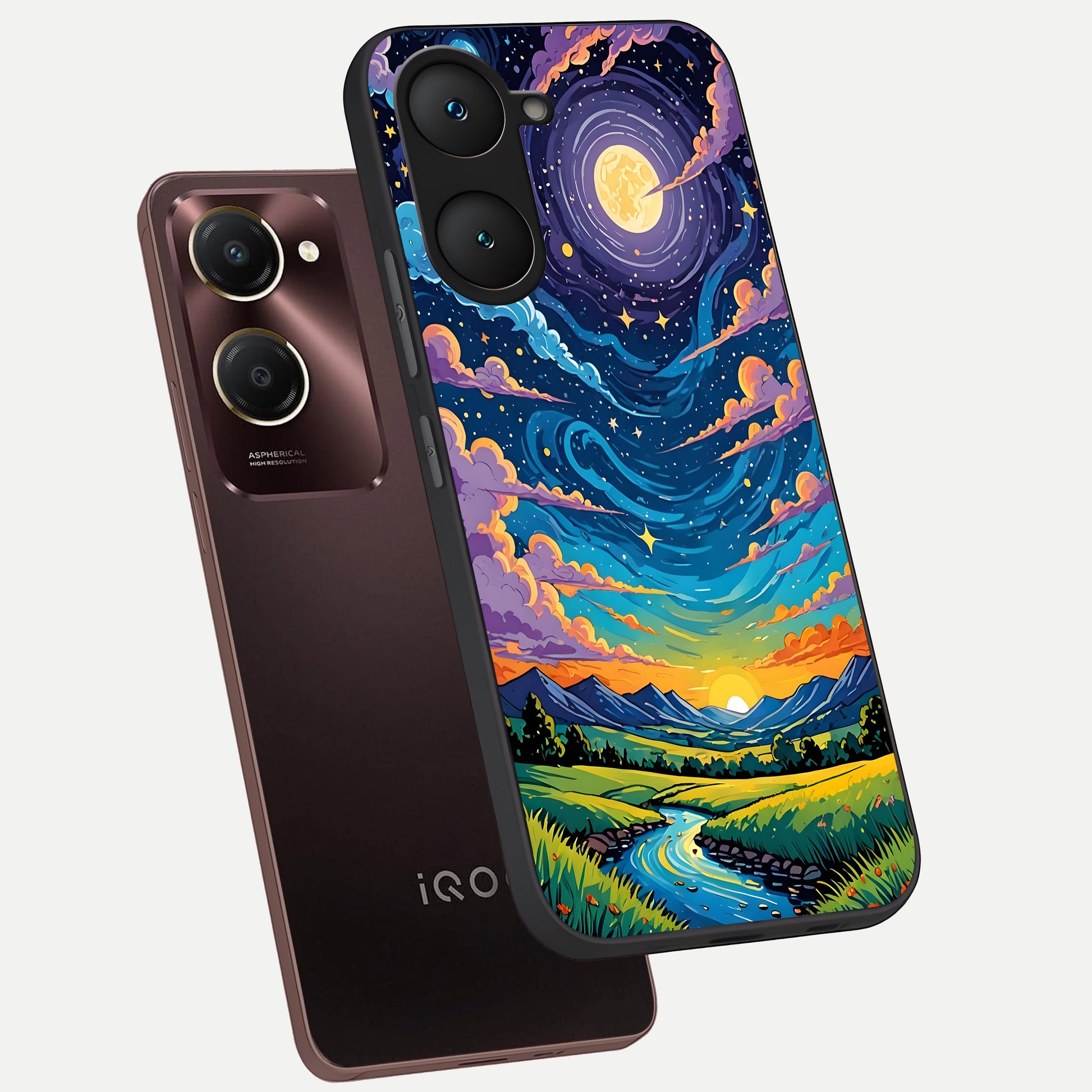  Dreamy Night Landscape phone case for iQOO Z9 lite showing premium glass back cover with detailed artwork