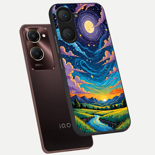  Dreamy Night Landscape phone case for iQOO Z9 lite showing premium glass back cover with detailed artwork
