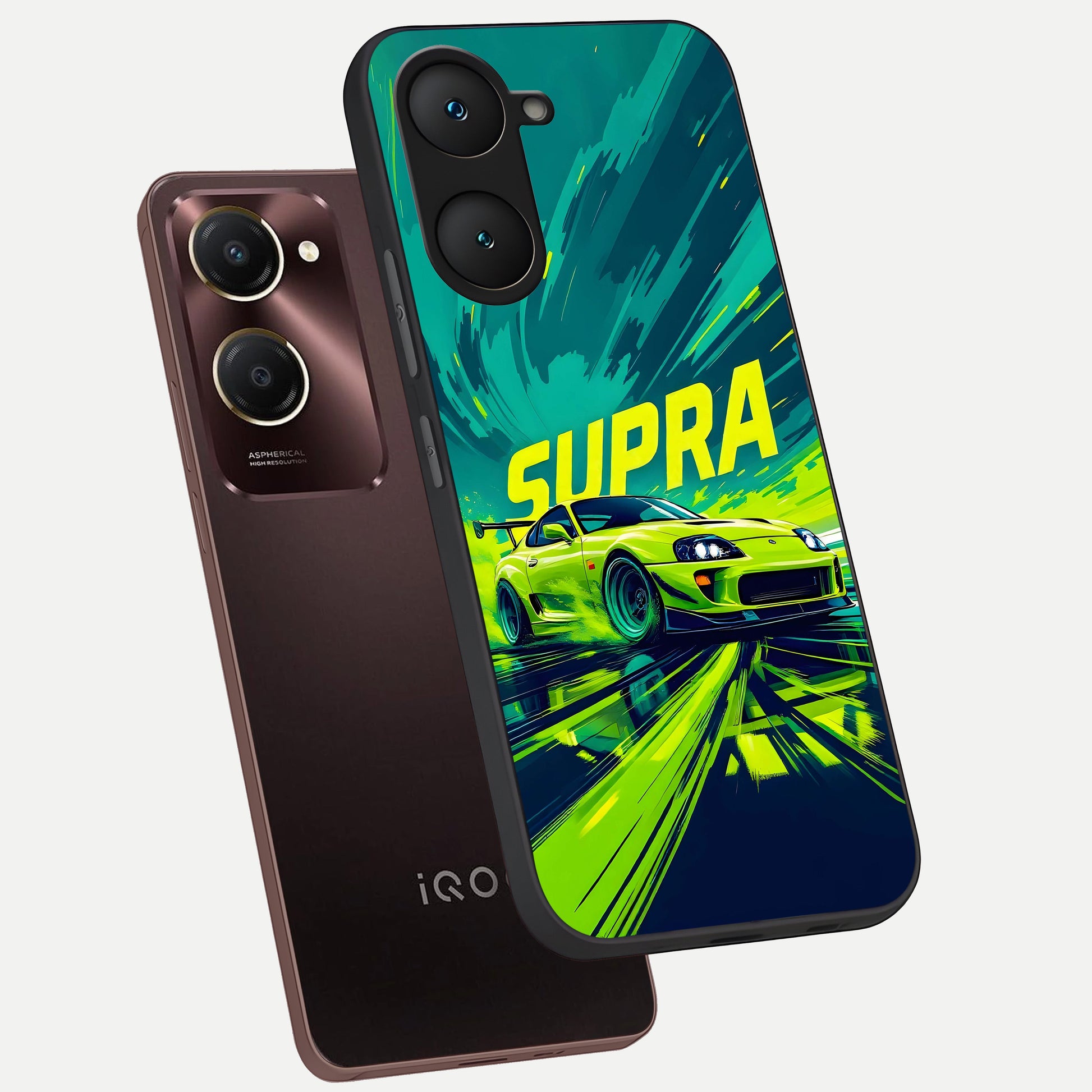  Electric Supra Thunder phone case for iQOO Z9 lite showing premium glass back cover with detailed artwork