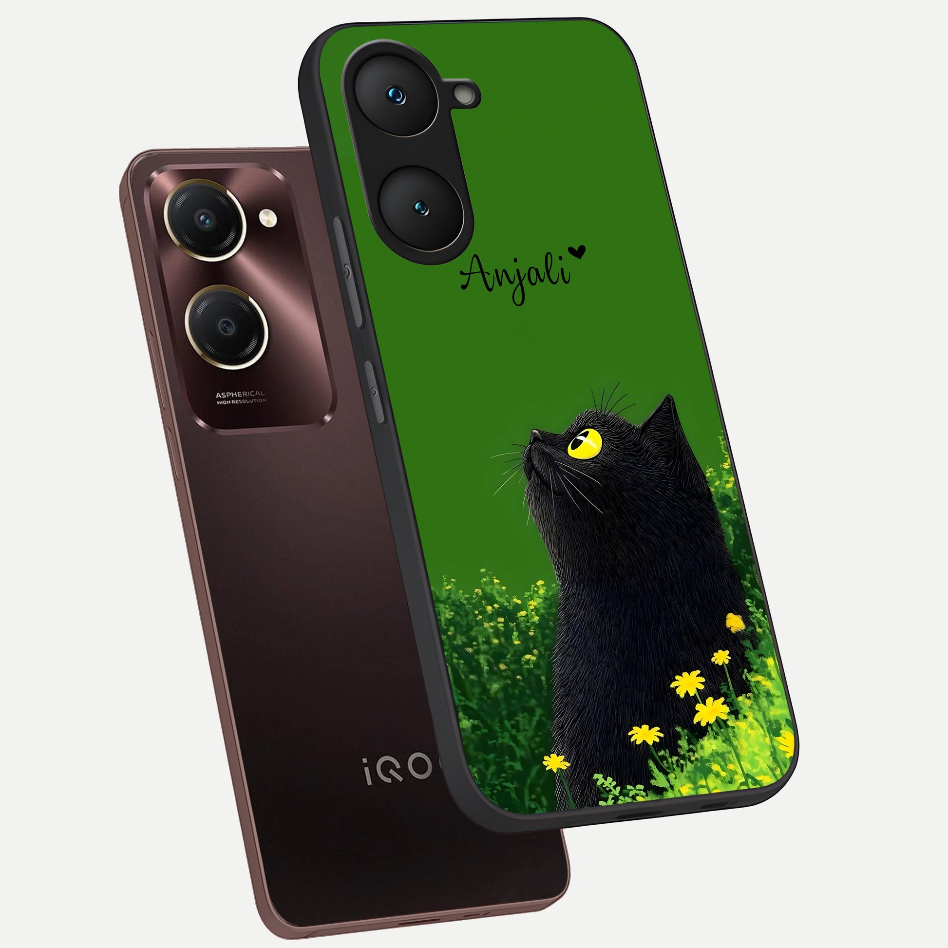  Emerald Cat Custom Name phone case for iQOO Z9 lite showing premium glass back cover with detailed artwork