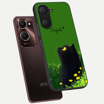  Emerald Cat Custom Name phone case for iQOO Z9 lite showing premium glass back cover with detailed artwork