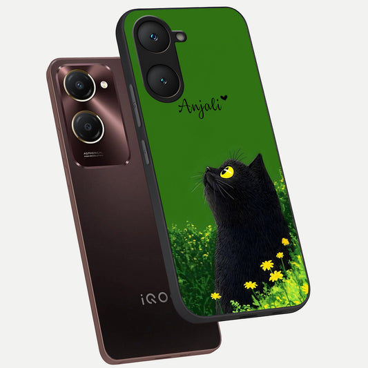 Emerald Cat Custom Name phone case for iQOO Z9 lite showing premium glass back cover with detailed artwork