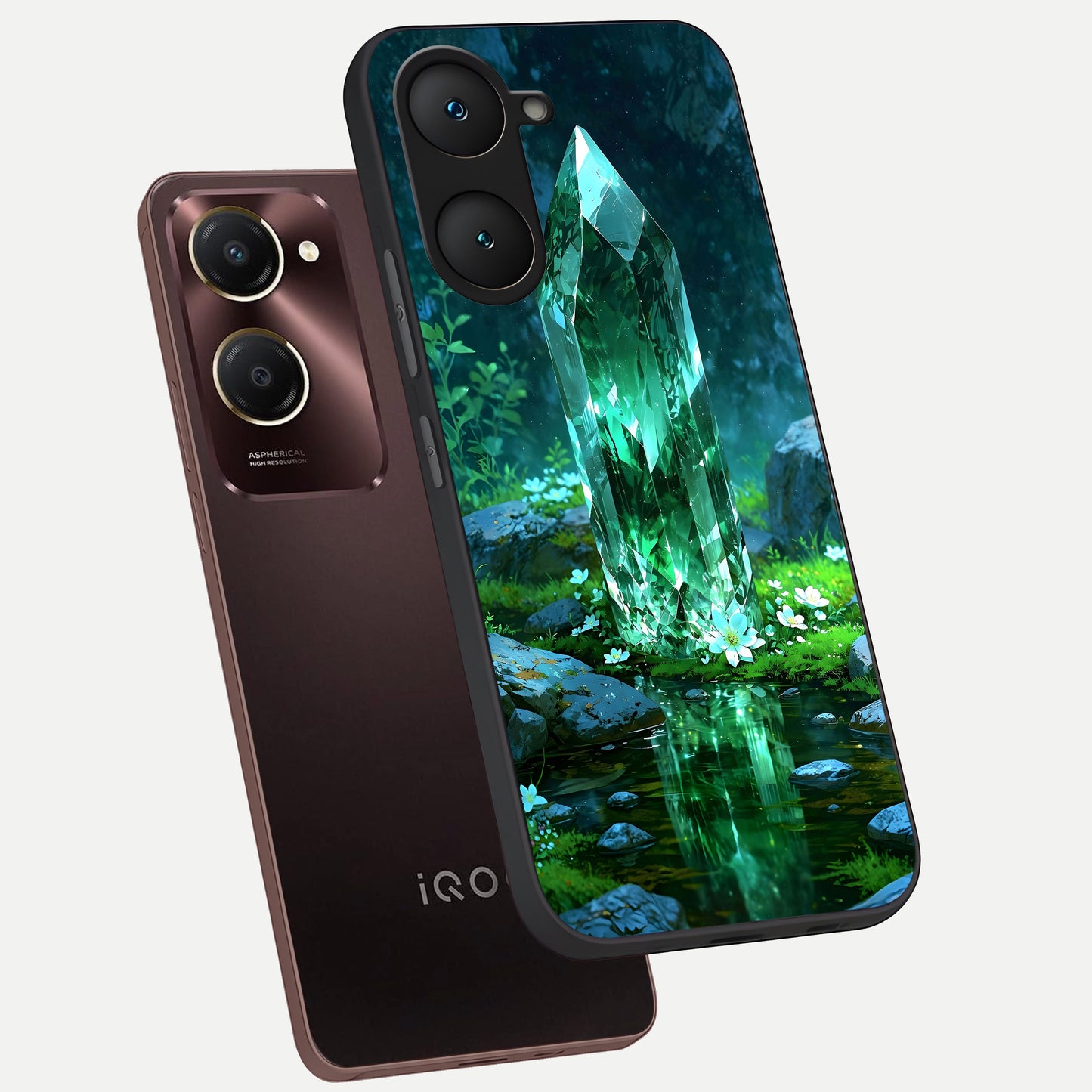  Emerald Light Crystal phone case for iQOO Z9 lite showing premium glass back cover with detailed artwork