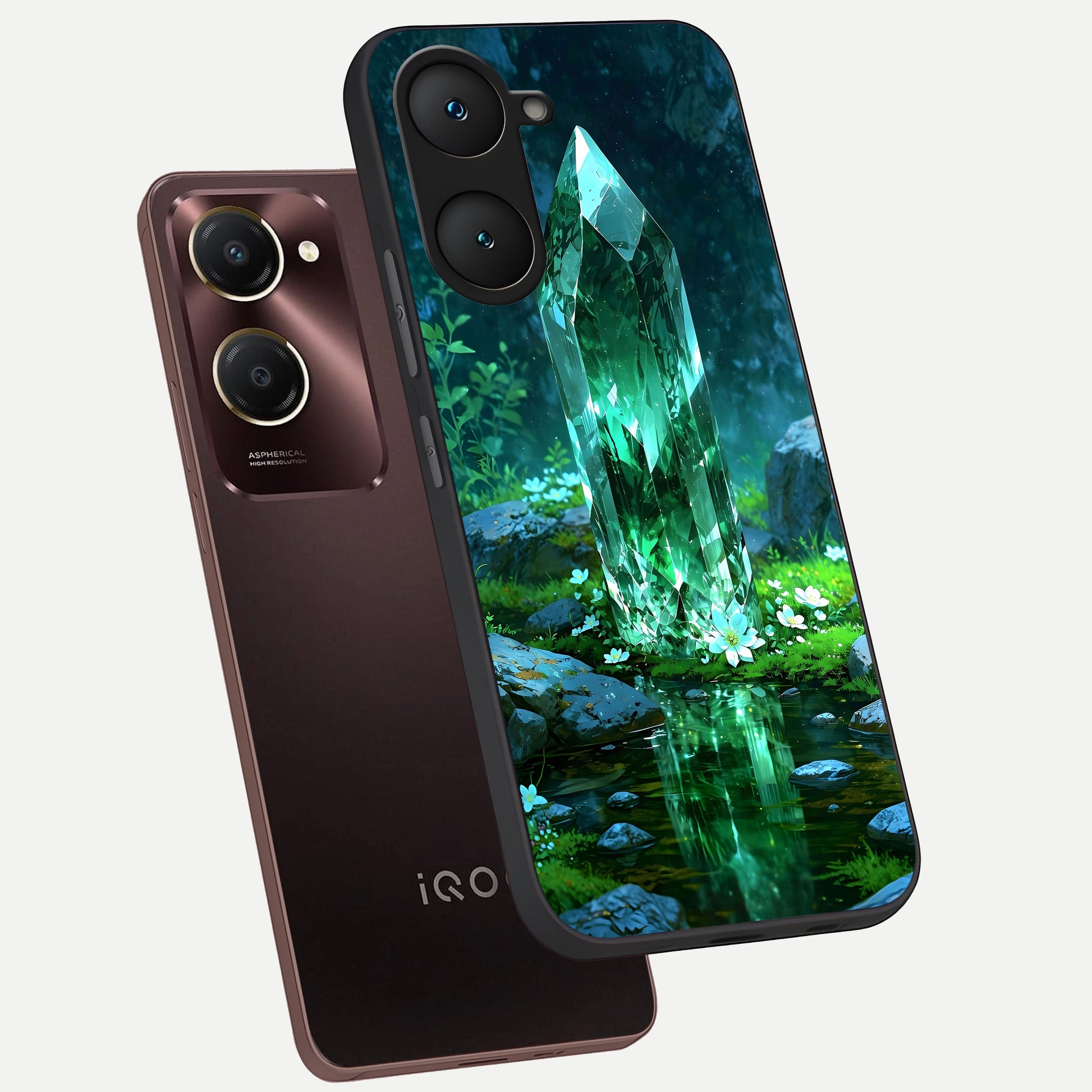  Emerald Light Crystal phone case for iQOO Z9 lite showing premium glass back cover with detailed artwork