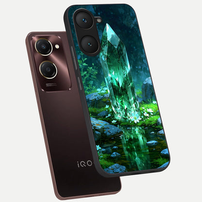  Emerald Light Crystal phone case for iQOO Z9 lite showing premium glass back cover with detailed artwork