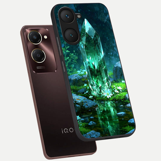  Emerald Light Crystal phone case for iQOO Z9 lite showing premium glass back cover with detailed artwork