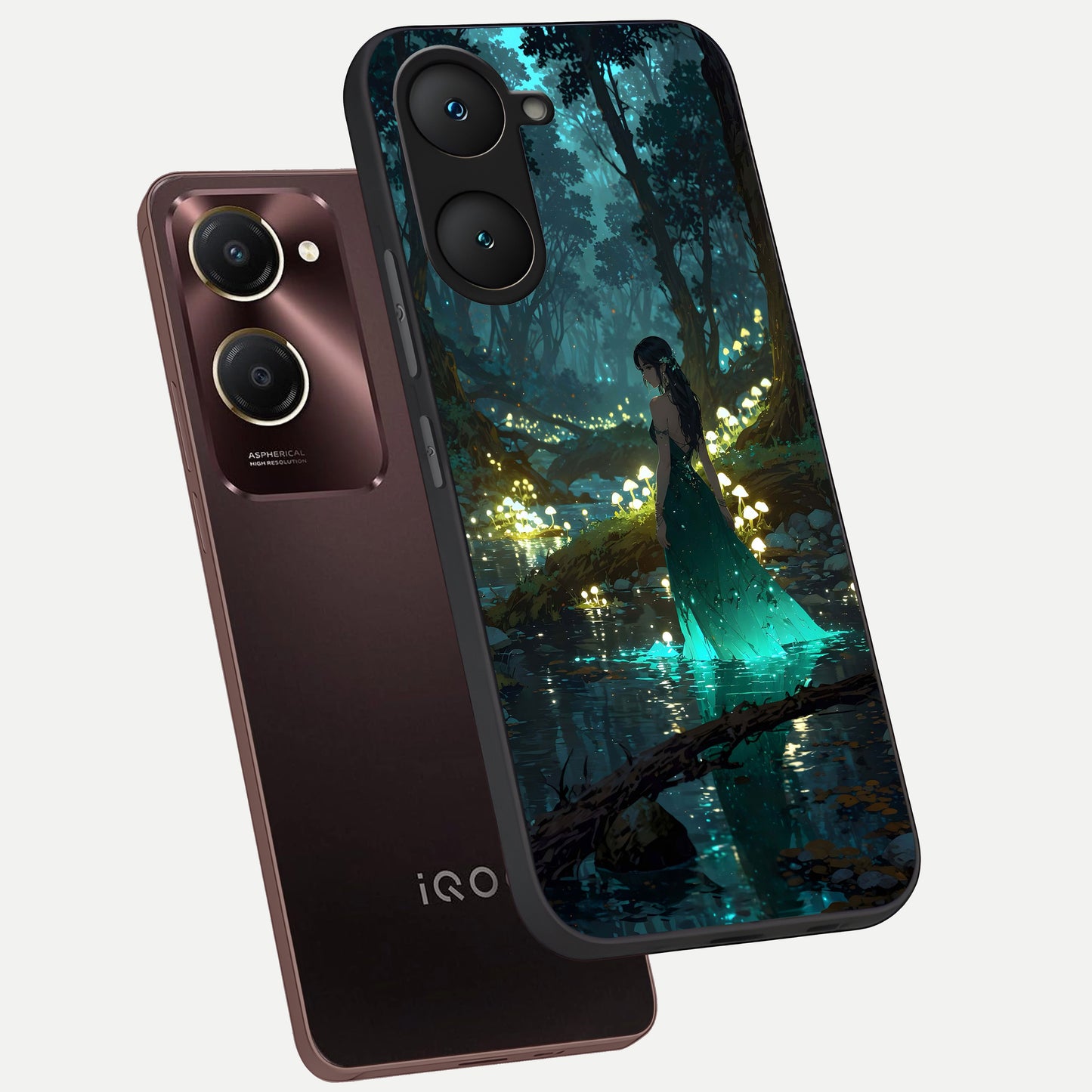  Enchanted Forest Glow phone case for iQOO Z9 lite showing premium glass back cover with detailed artwork