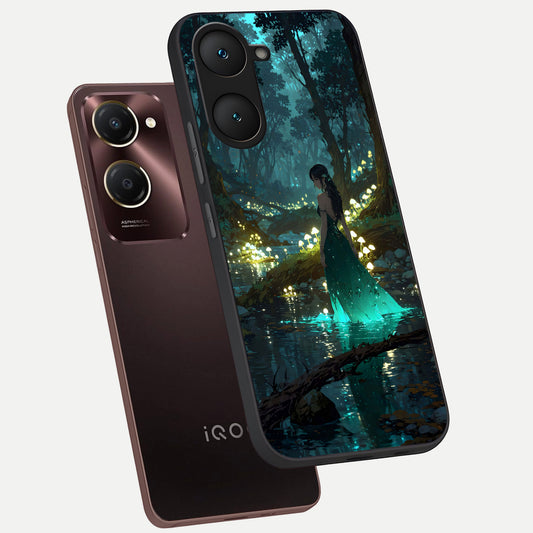  Enchanted Forest Glow phone case for iQOO Z9 lite showing premium glass back cover with detailed artwork