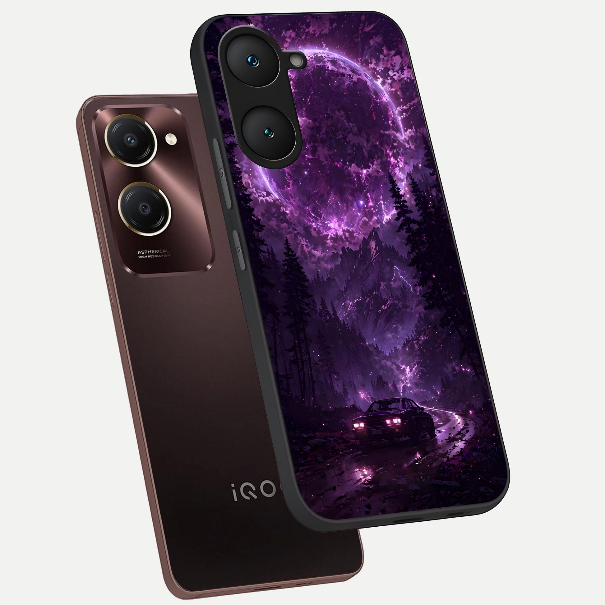  Eternal Cosmic Drive phone case for iQOO Z9 lite showing premium glass back cover with detailed artwork