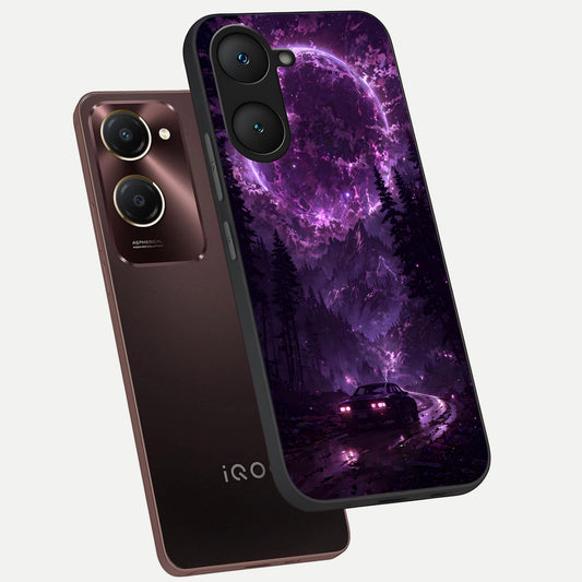  Eternal Cosmic Drive phone case for iQOO Z9 lite showing premium glass back cover with detailed artwork
