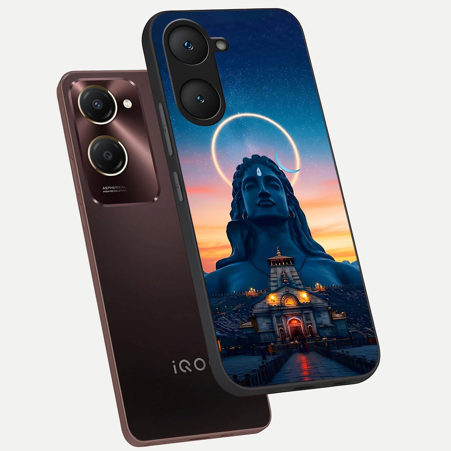  Eternal Shiva Aura phone case for iQOO Z9 lite showing premium glass back cover with detailed artwork