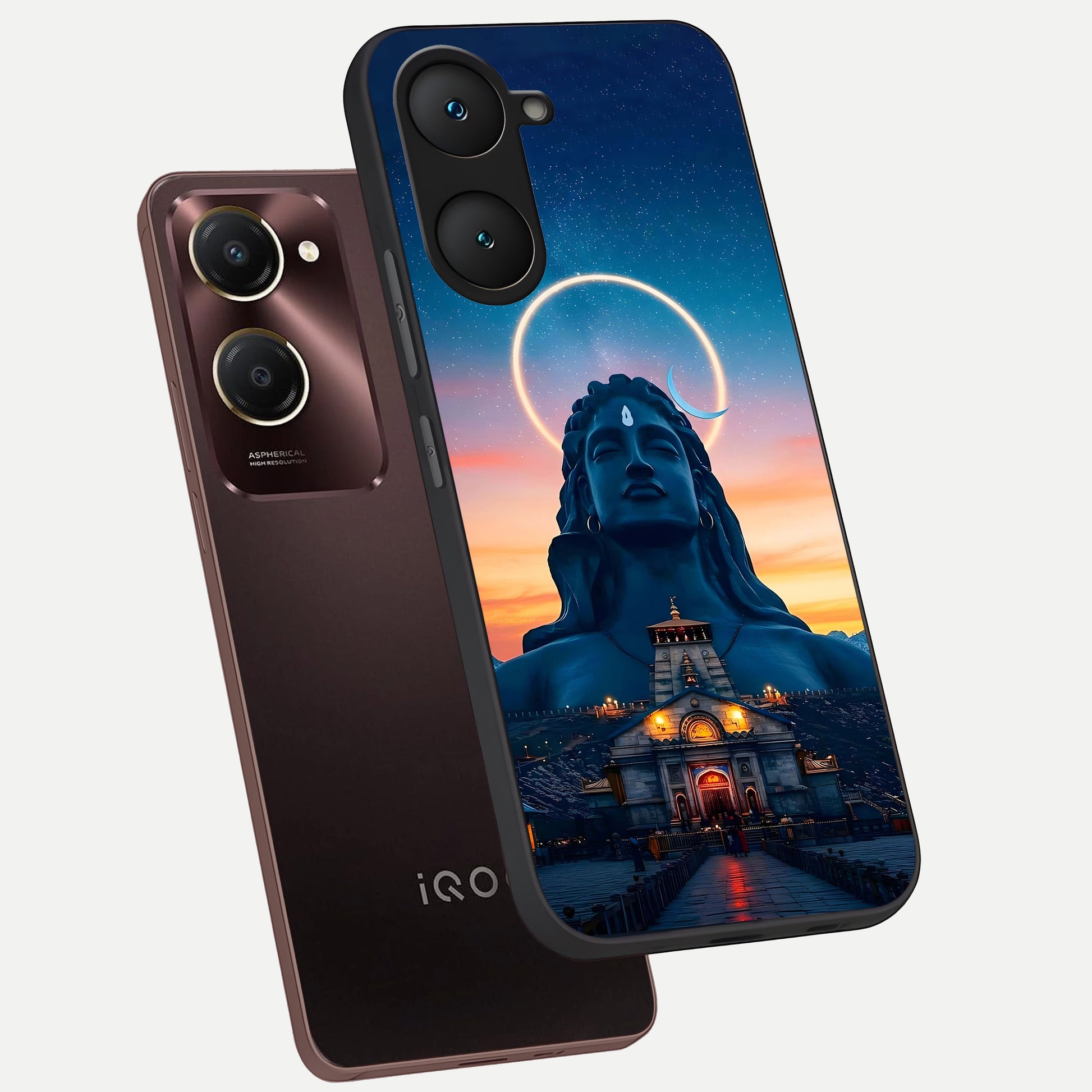  Eternal Shiva Aura phone case for iQOO Z9 lite showing premium glass back cover with detailed artwork