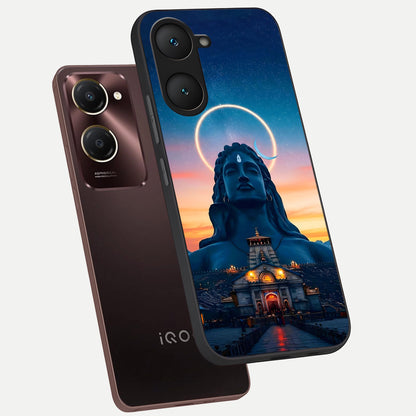  Eternal Shiva Aura phone case for iQOO Z9 lite showing premium glass back cover with detailed artwork