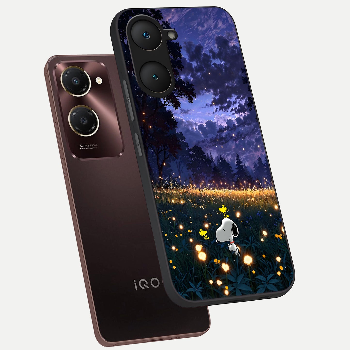  Firefly Meadow Magic phone case for iQOO Z9 lite showing premium glass back cover with detailed artwork