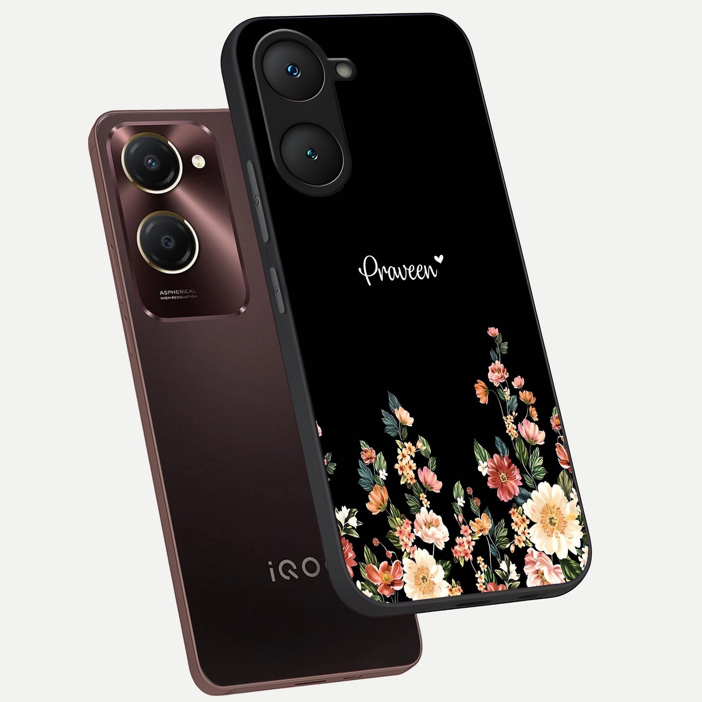  Floral Design Personalized Custom Name phone case for iQOO Z9 lite showing premium glass back cover with detailed artwork