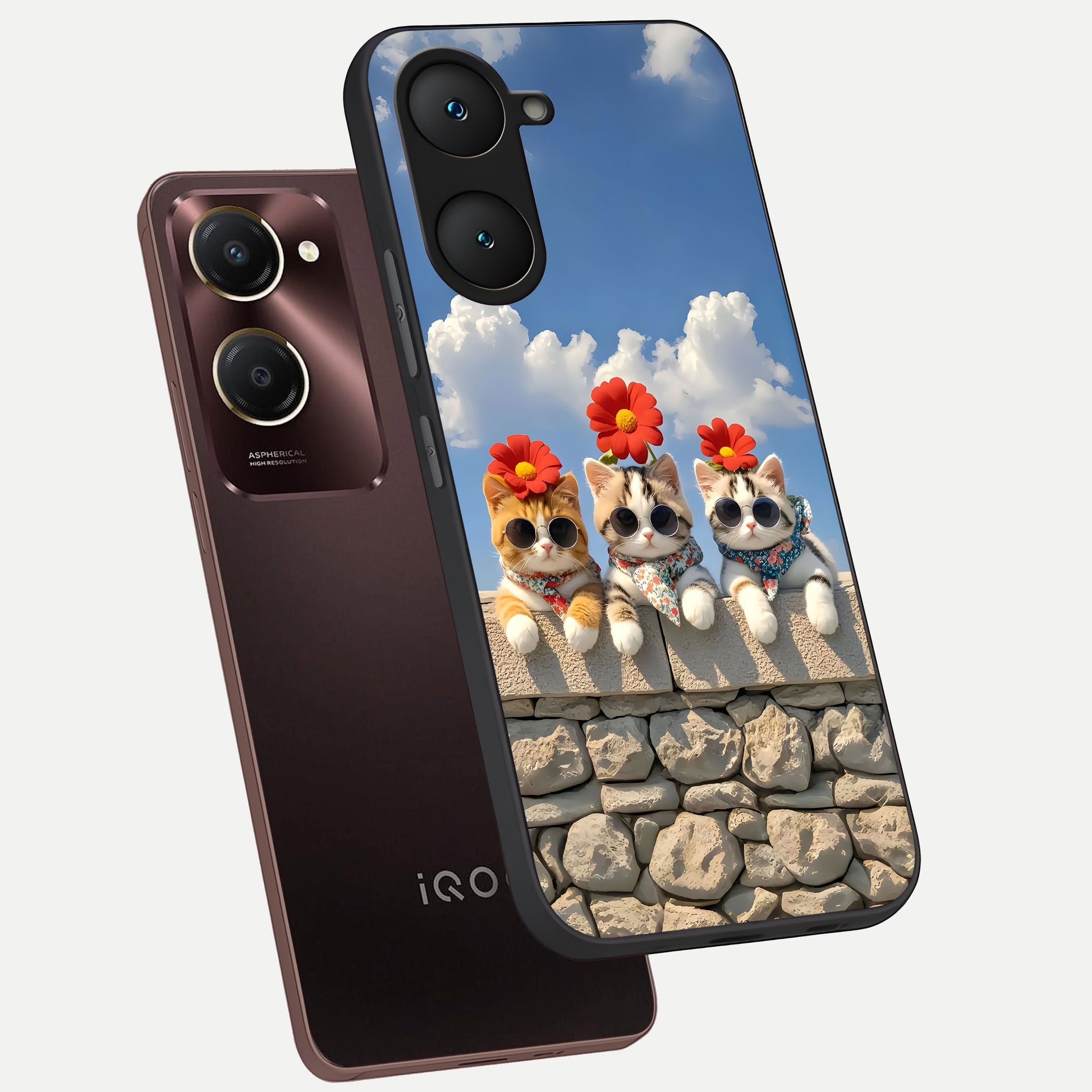  Floral Kitty Squad phone case for iQOO Z9 lite showing premium glass back cover with detailed artwork