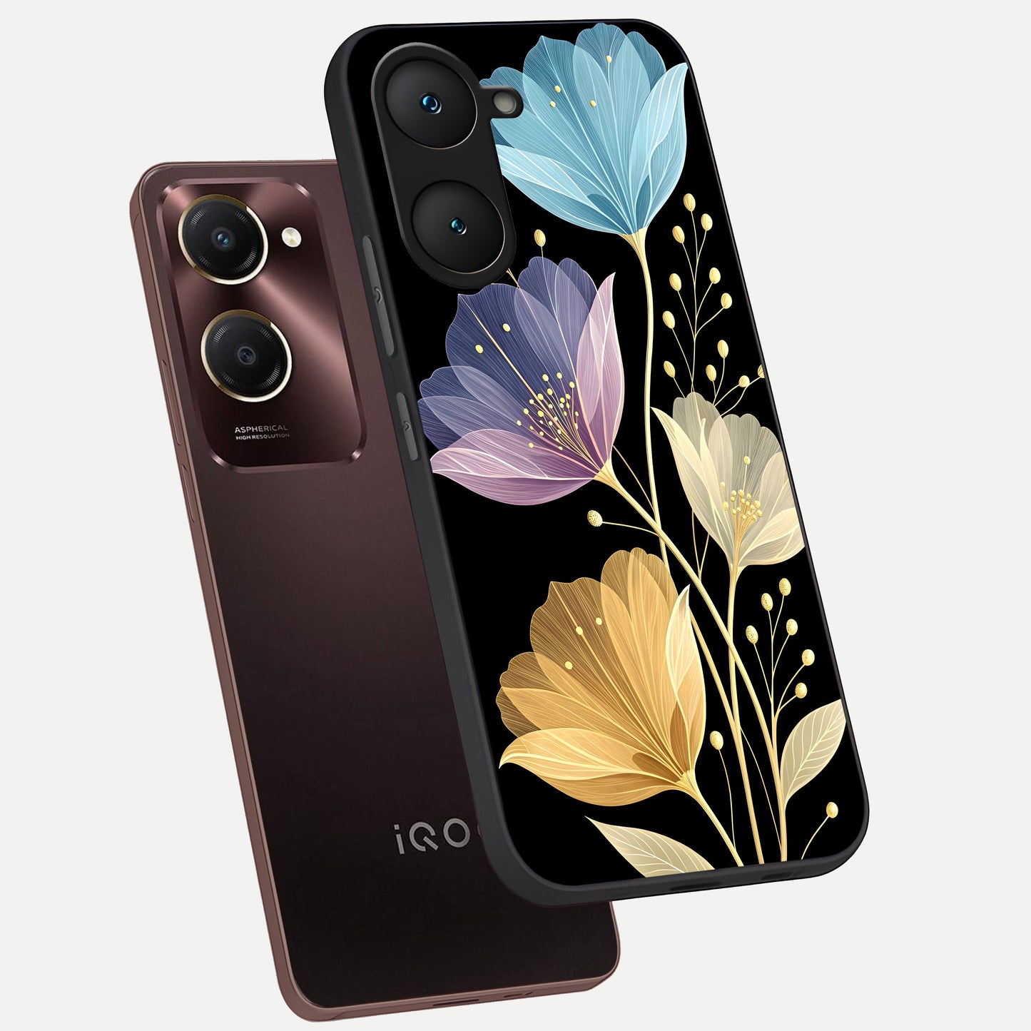  Flower Bloom Glow phone case for iQOO Z9 lite showing premium glass back cover with detailed artwork
