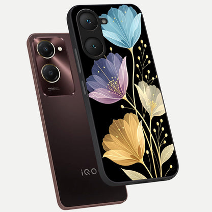  Flower Bloom Glow phone case for iQOO Z9 lite showing premium glass back cover with detailed artwork