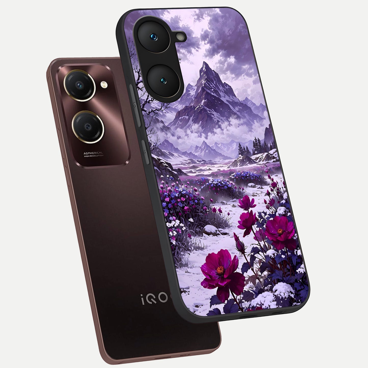  Flower Mountain View phone case for iQOO Z9 lite showing premium glass back cover with detailed artwork
