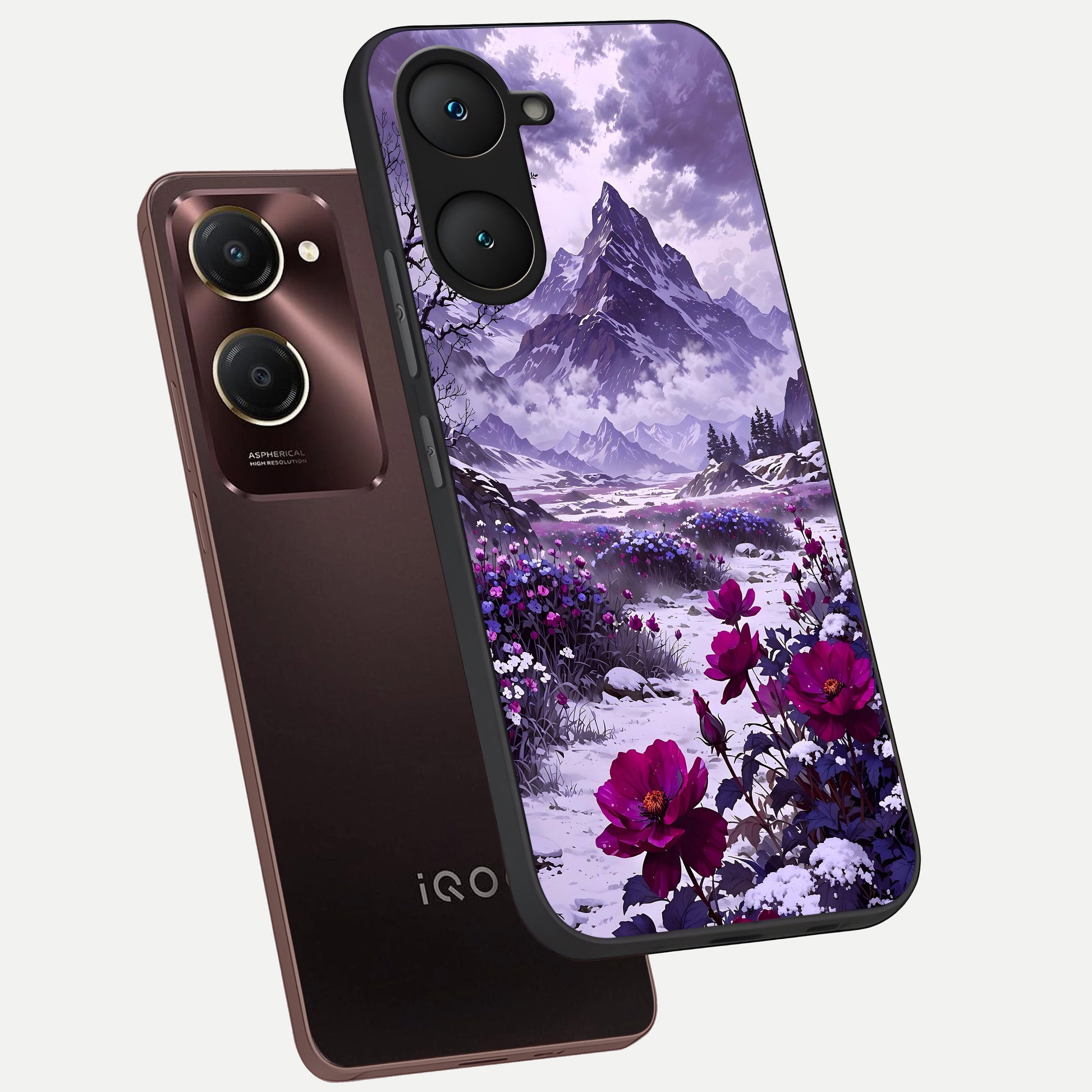  Flower Mountain View phone case for iQOO Z9 lite showing premium glass back cover with detailed artwork