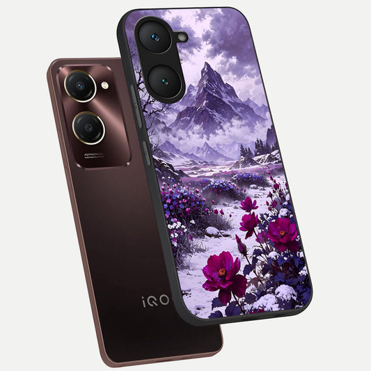  Flower Mountain View phone case for iQOO Z9 lite showing premium glass back cover with detailed artwork