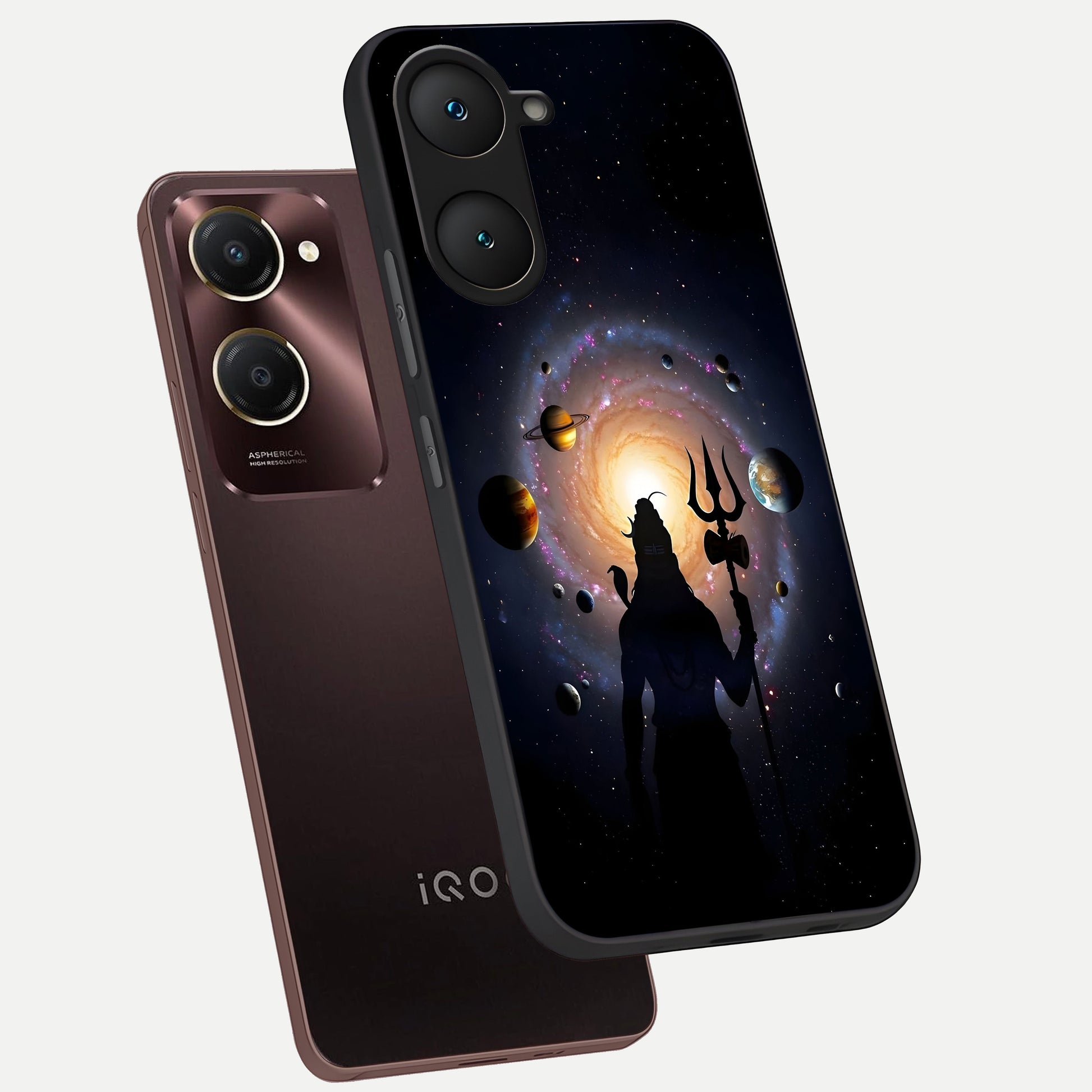  Galactic Shiva Vision phone case for iQOO Z9 lite showing premium glass back cover with detailed artwork