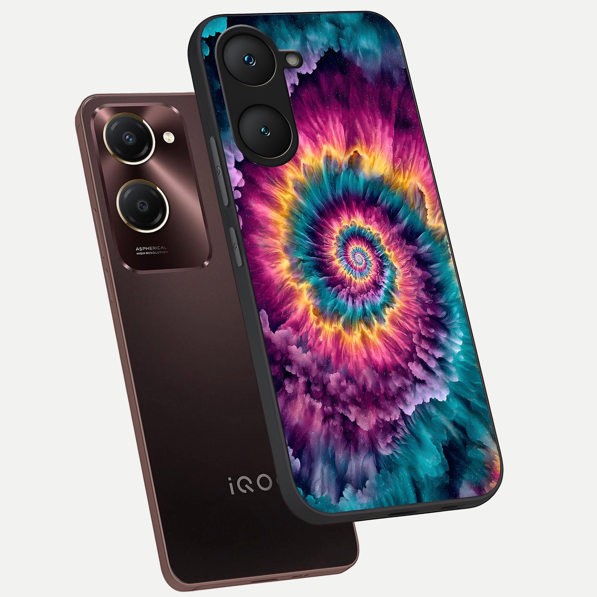  Galactic Spiral Burst phone case for iQOO Z9 lite showing premium glass back cover with detailed artwork