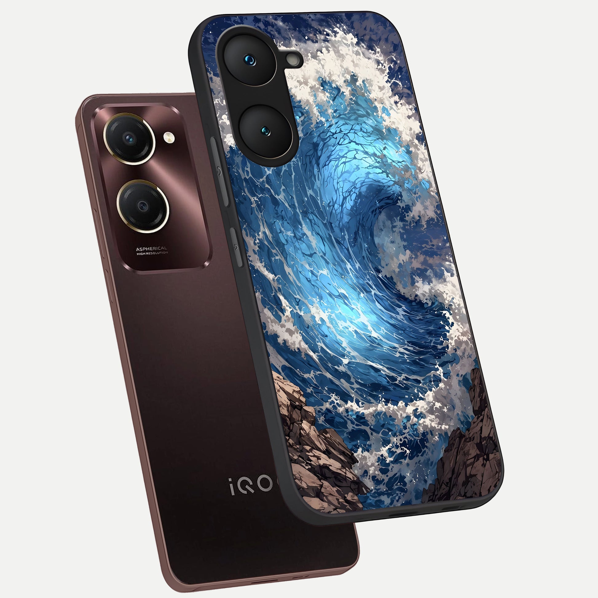  Giant Ocean Wave phone case for iQOO Z9 lite showing premium glass back cover with detailed artwork