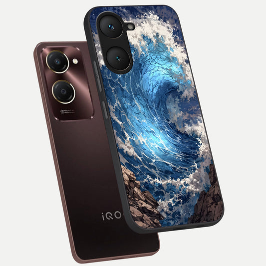  Giant Ocean Wave phone case for iQOO Z9 lite showing premium glass back cover with detailed artwork