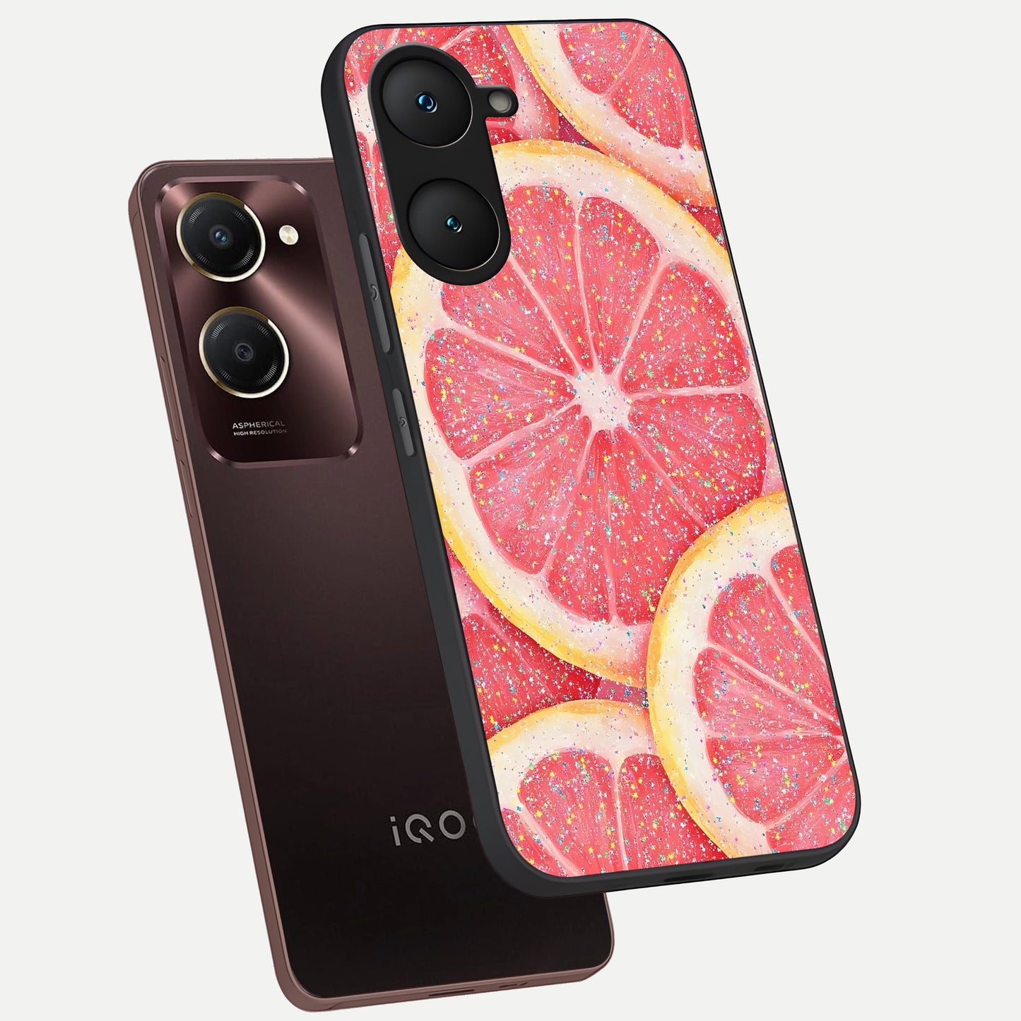  Glitter Grapefruit phone case for iQOO Z9 lite showing premium glass back cover with detailed artwork